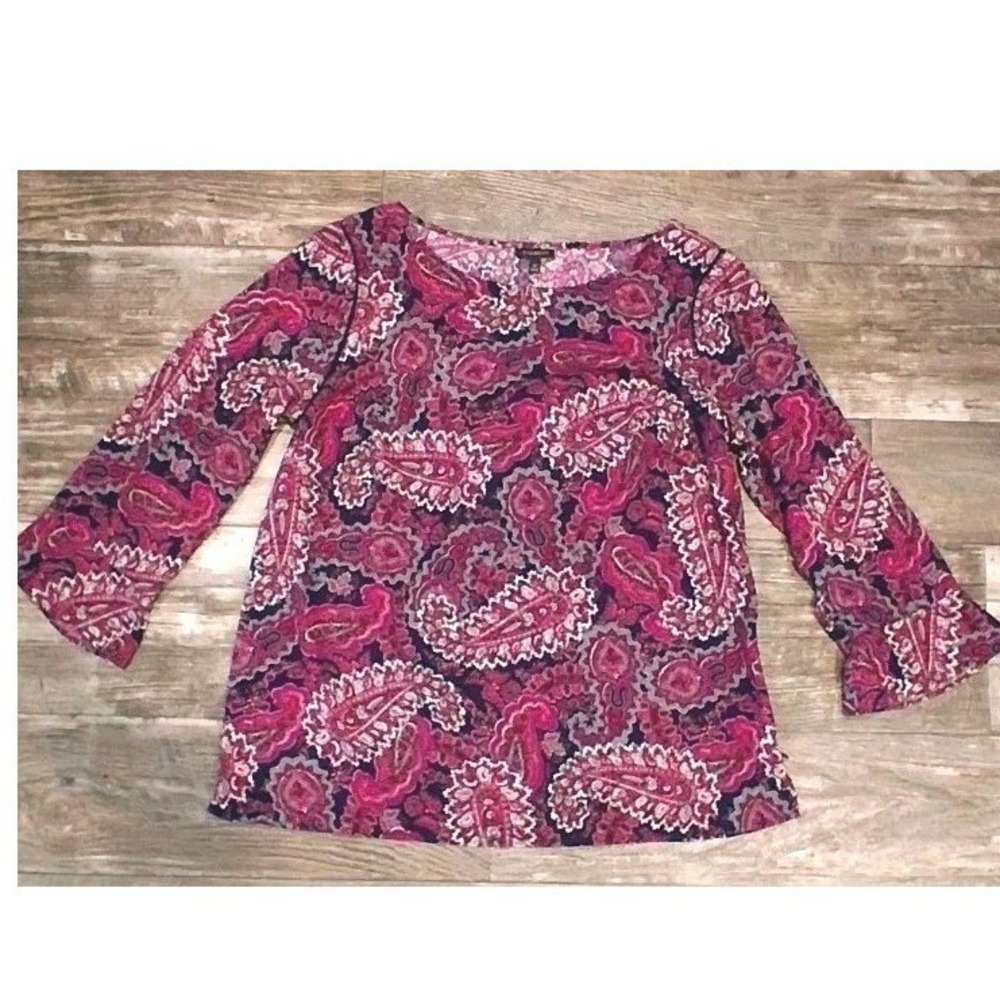Talbots Paisley Crepe Blouse Women M Pink Black Lace Crochet Trim 3/4